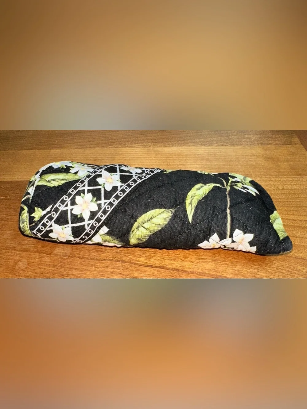 Vera Bradley Black Floral Quilted Eyeglass Case with Green Leaves